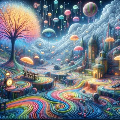 The primary subject of the image is a tree with a clock on it, surrounded by a colorful and whimsical landscape. The setting includes a forest with a variety of colorful umbrellas floating in the sky, creating a vibrant and imaginative atmosphere. The visual style of the image is a digital art or illustration, with a focus on the intricate details and vivid colors. The colors and mood of the scene are predominantly bright and cheerful, with a sense of playfulness and cre